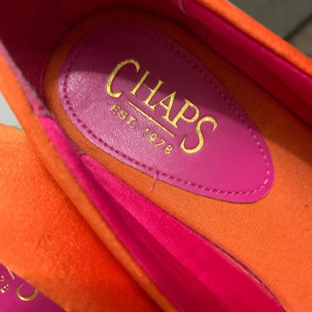 Ralph Lauren Chaps Espadrilles 6.5 Orange Sheen Wedges Stacked Heels